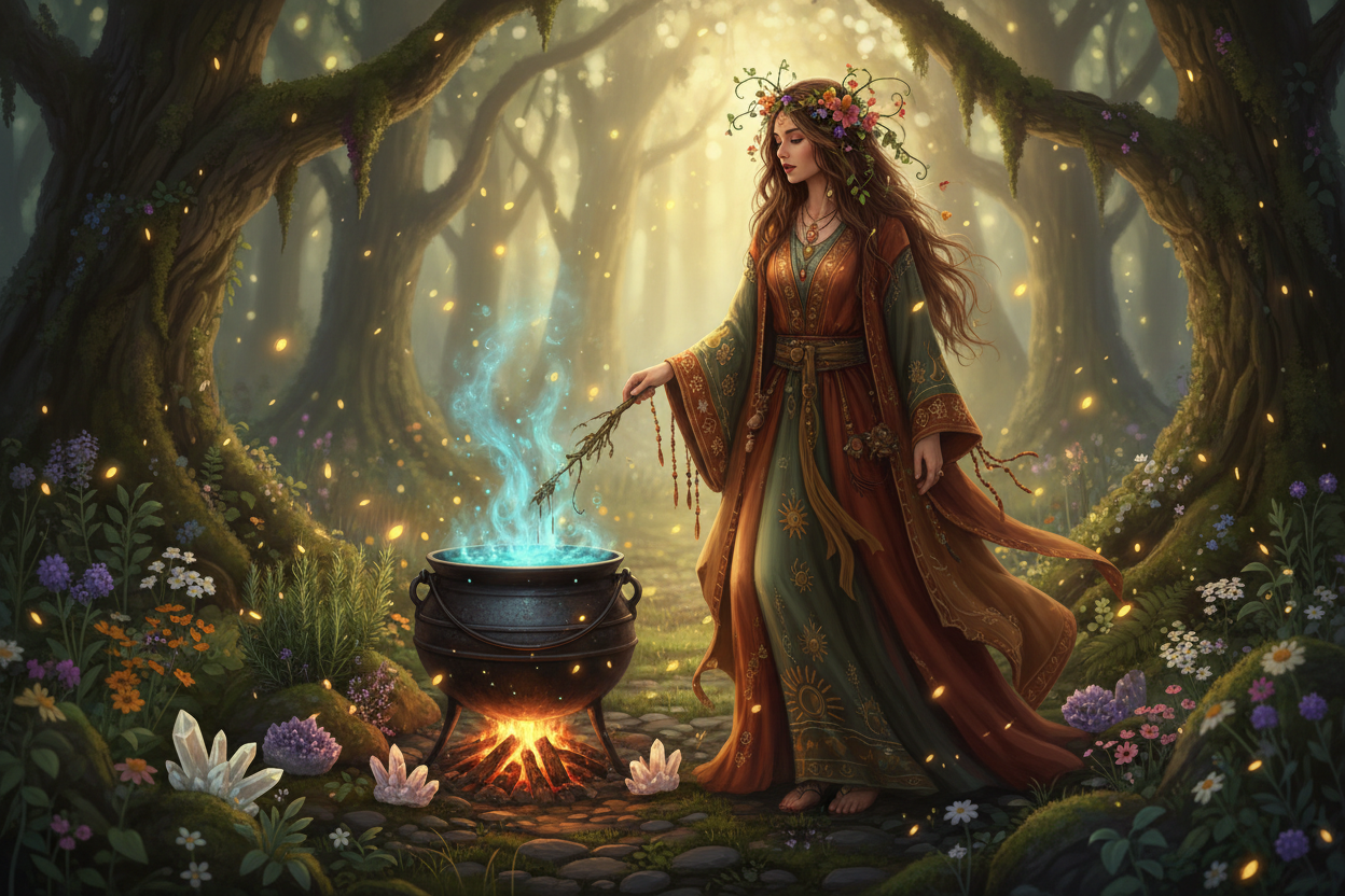 Nature witch with a cauldron in a forest.