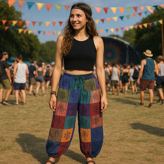 Nomad Sari - Mushroom Pants - Block Print Designs - Purple Tones S/M