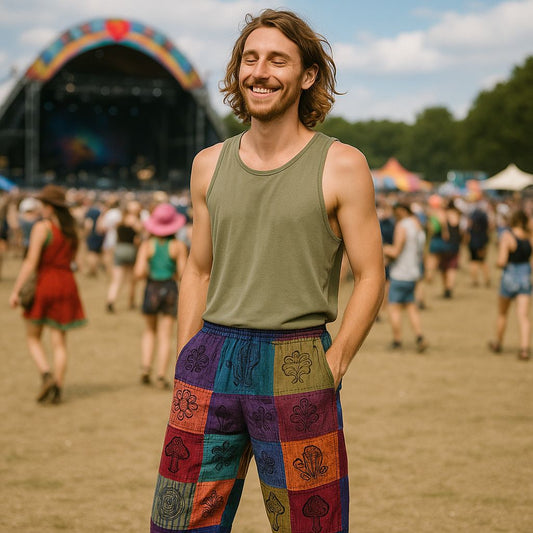 Nomad Sari - Mushroom Pants - Block Print Designs - Purple Tones L/XL